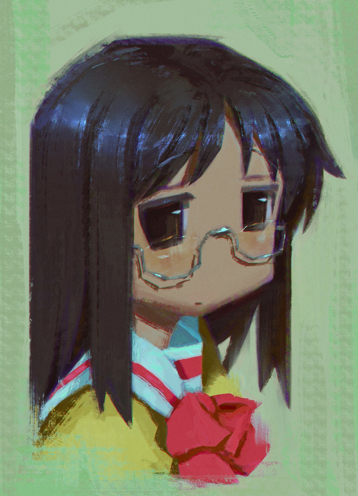 1girl, black_hair, bow, brown_eyes, closed_mouth, faux_traditional_media, glasses, green_background