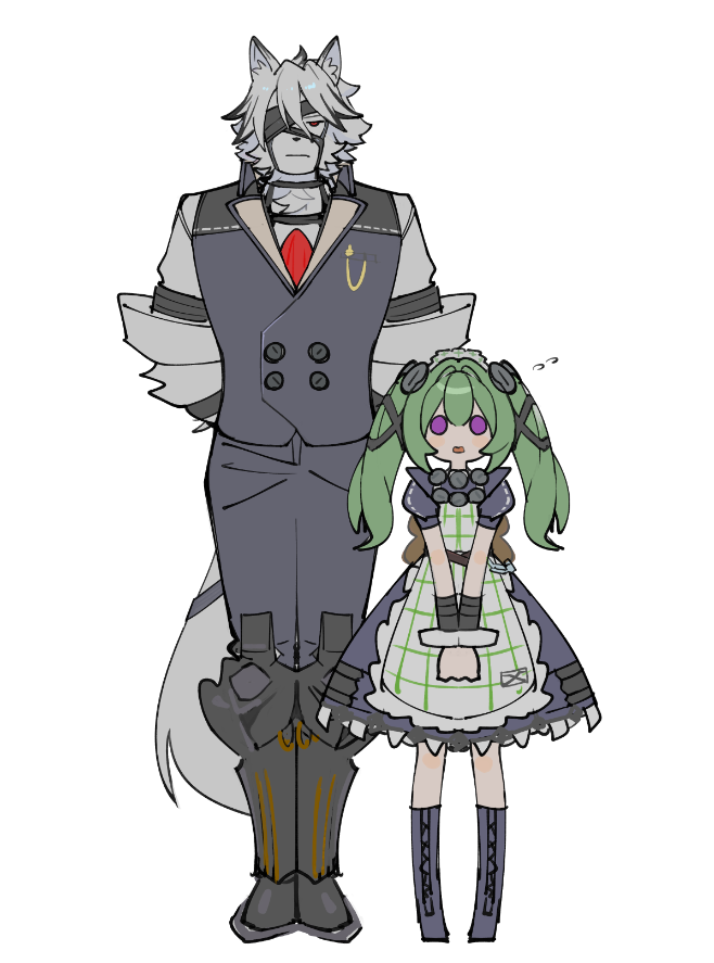 1boy, 1girl, apron, armored_boots, arms_behind_back, black_dress, black_pants, black_vest