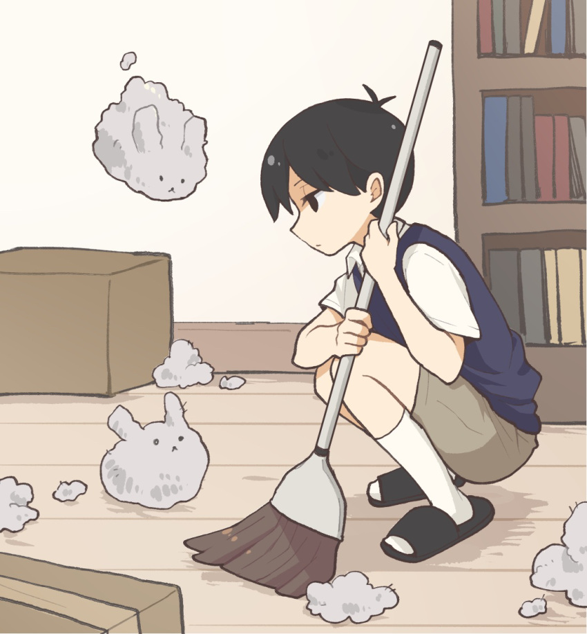 1boy, black_eyes, black_footwear, black_hair, black_sweater_vest, book, bookshelf, box
