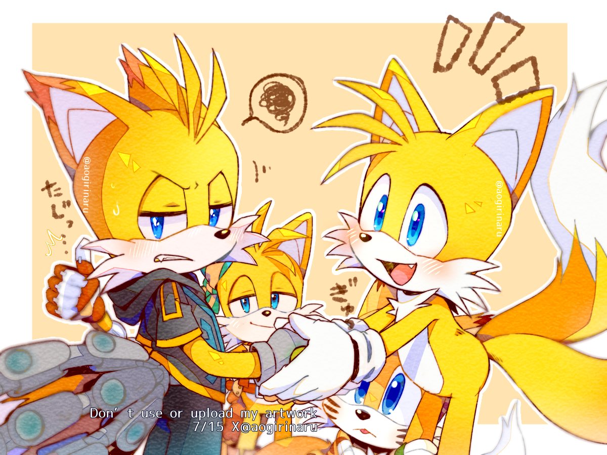 4boys, angry, artist_name, blue_eyes, blush, fox, fox_boy, furry, furry_male, gloves, handshake, male_focus, mangey_(sonic), misuta710, multiple_boys, multiple_tails, nine_(sonic), sails_(sonic), smile, sonic_(series), sonic_prime, tail, tails_(sonic), teeth, two_tails, yellow_fur