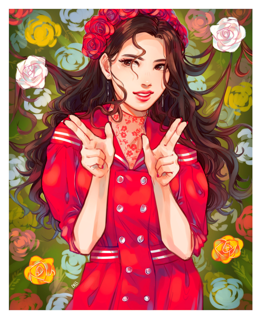 1girl, brown_hair, buttons, cowboy_shot, dress, earrings, english_commentary, flower