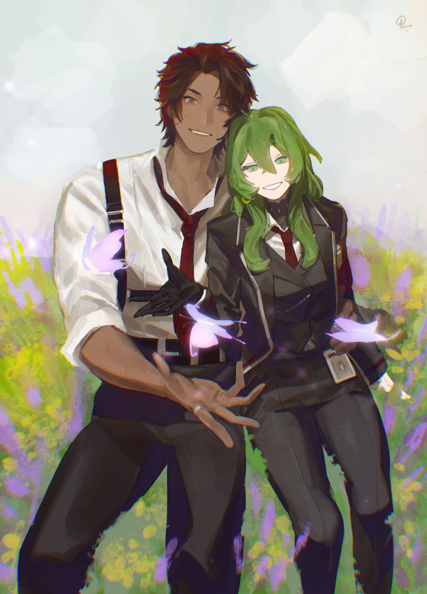 1boy, 1girl, absurdres, black_pants, blue_eyes, brown_hair, bug, butterfly, coat, collared_shirt, commission, dark-skinned_male, dark_skin, gloves, grey_hair, heathcliff_(project_moon), highres, jacket, limbus_company, long_hair, long_sleeves, looking_at_viewer, nacaji, necktie, oberon_(qiqi_(amsvartnir)), original, pants, parted_lips, project_moon, red_necktie, shirt, short_hair, sitting, smile, violet_eyes, white_shirt