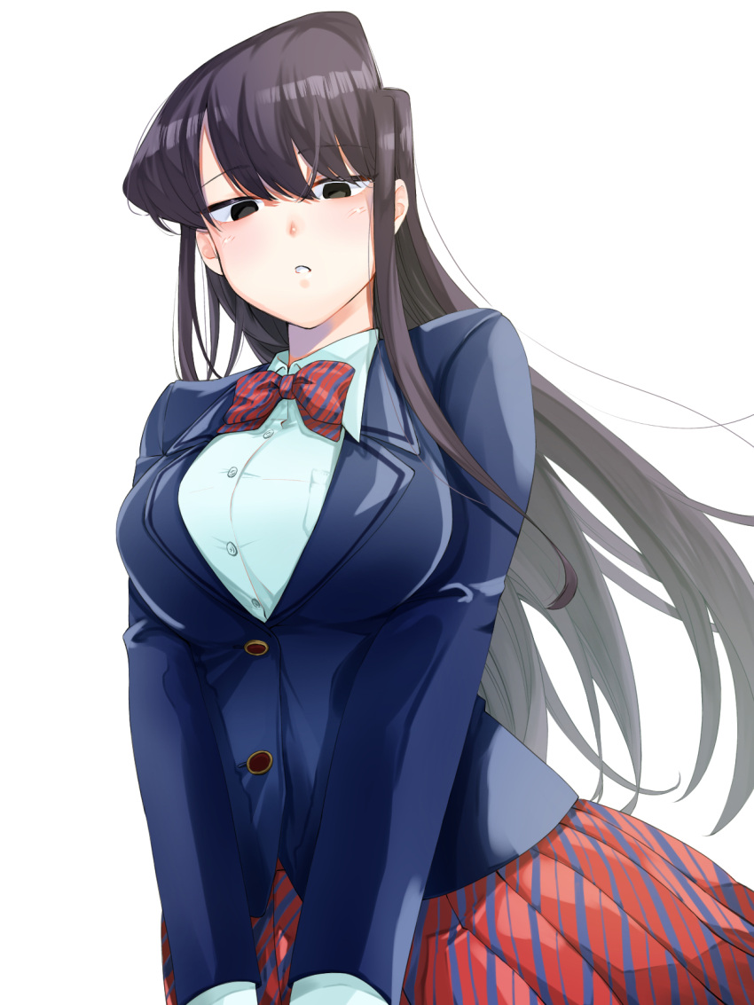 1girl, 46take_e, black_eyes, black_hair, blue_jacket, blush, bow, bowtie, breasts, buttons, collared_shirt, commentary, cowboy_shot, dress_shirt, floating_hair, hair_between_eyes, highres, jacket, komi-san_wa_komyushou_desu, komi_shouko, large_breasts, long_hair, long_sleeves, looking_at_viewer, looking_down, parted_lips, pleated_skirt, red_bow, red_bowtie, red_skirt, school_uniform, shirt, simple_background, skirt, solo, straight_hair, striped_bow, striped_bowtie, striped_clothes, tsurime, v_arms, very_long_hair, white_background, white_shirt