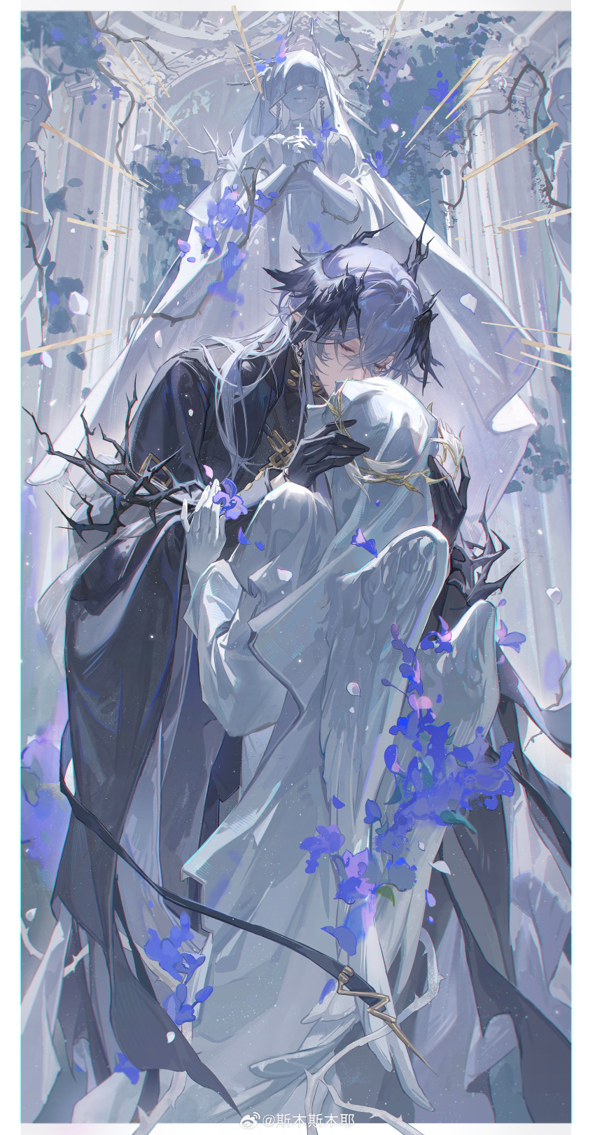 1boy, absurdres, angel_statue, arknights, black_cape, black_gloves, black_wings, cape