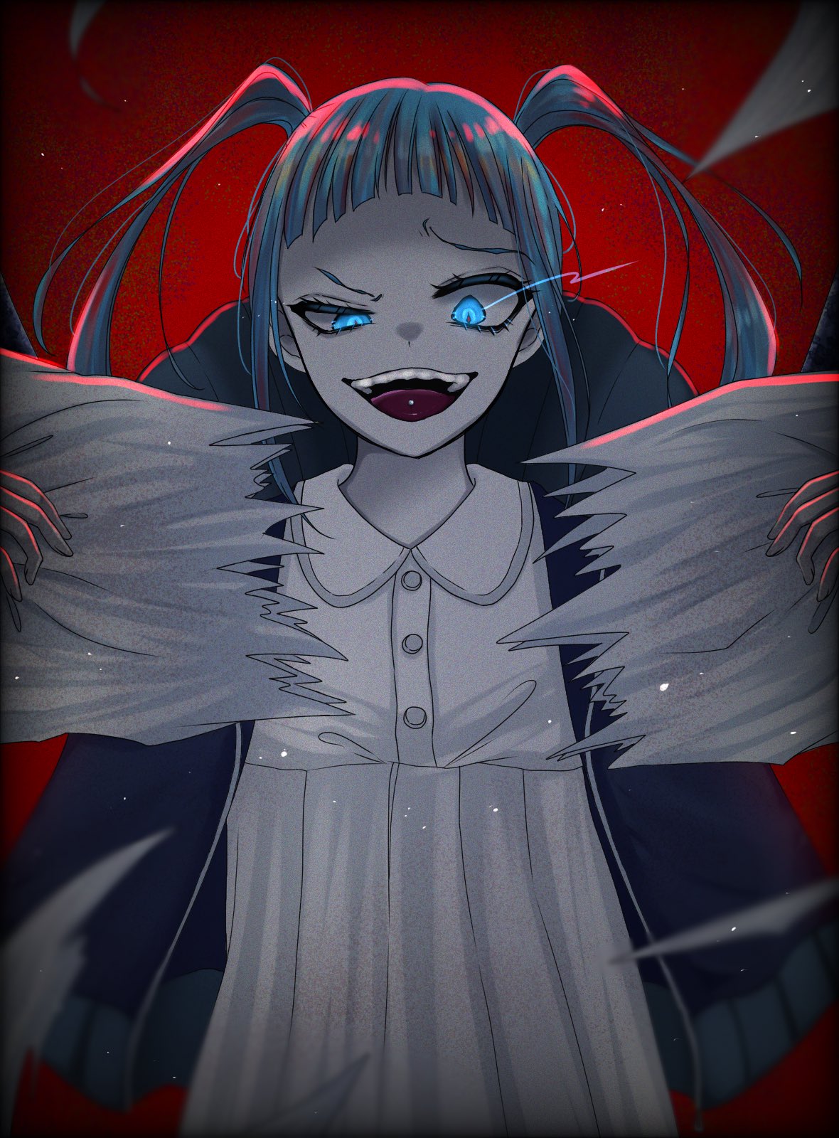 1girl, ado_(utaite), arched_bangs, blue_eyes, blue_hair, blue_jacket, collared_dress, commentary