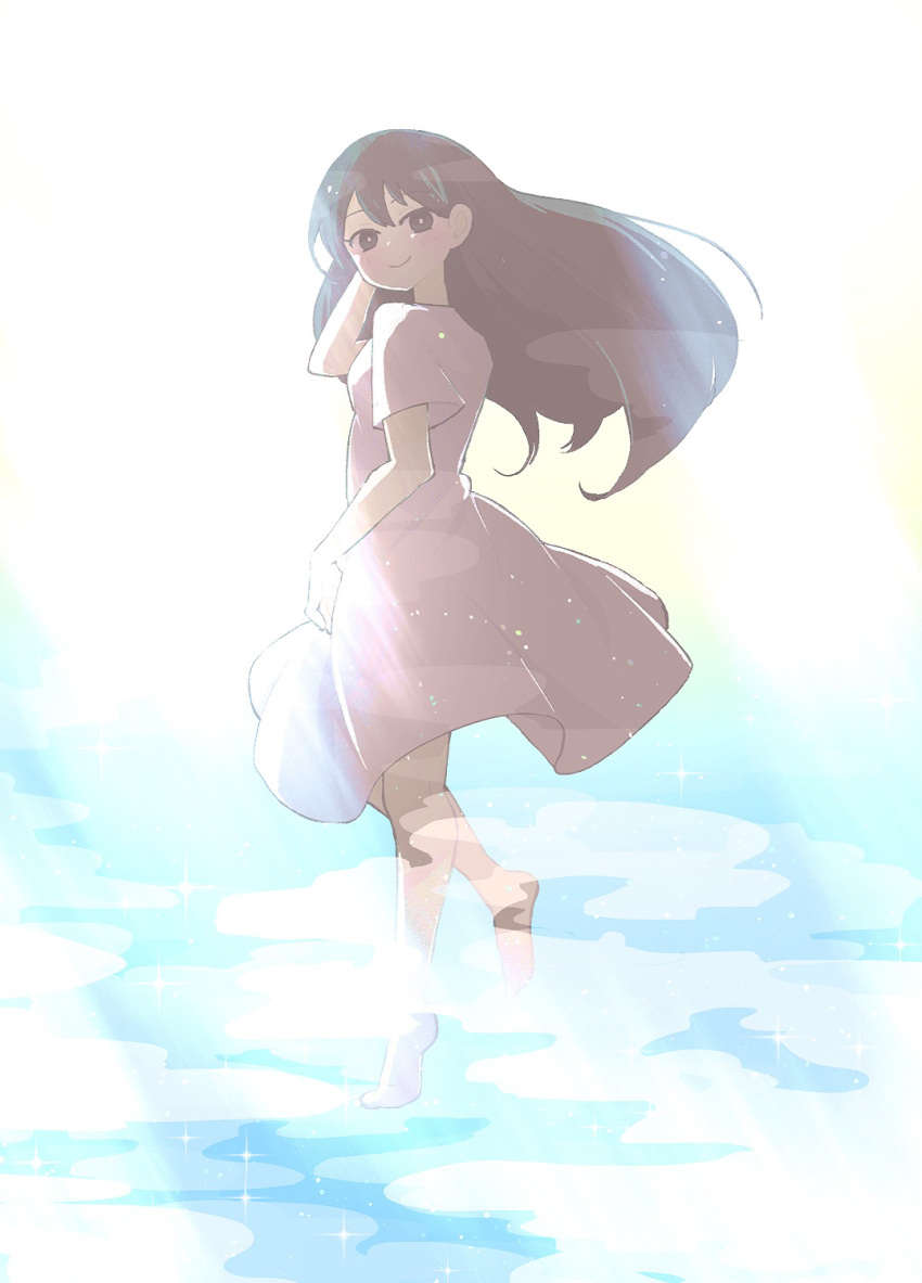 1girl, barefoot, black_eyes, black_hair, blush, closed_mouth, doroidsan, dress