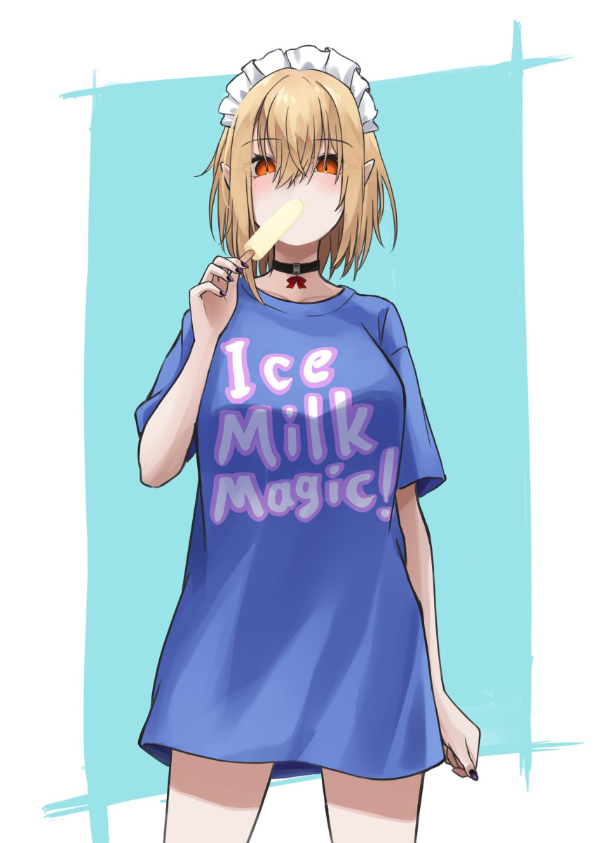 1girl, 4_shika, bare_legs, black_choker, blonde_hair, blue_background, blue_nails, blue_shirt