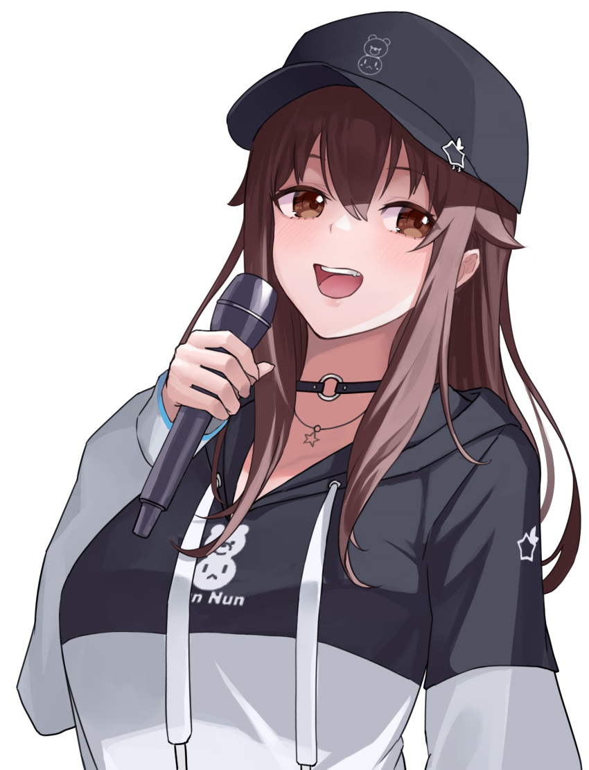 1girl, black_choker, black_hat, black_hoodie, breasts, brown_eyes, brown_hair, choker