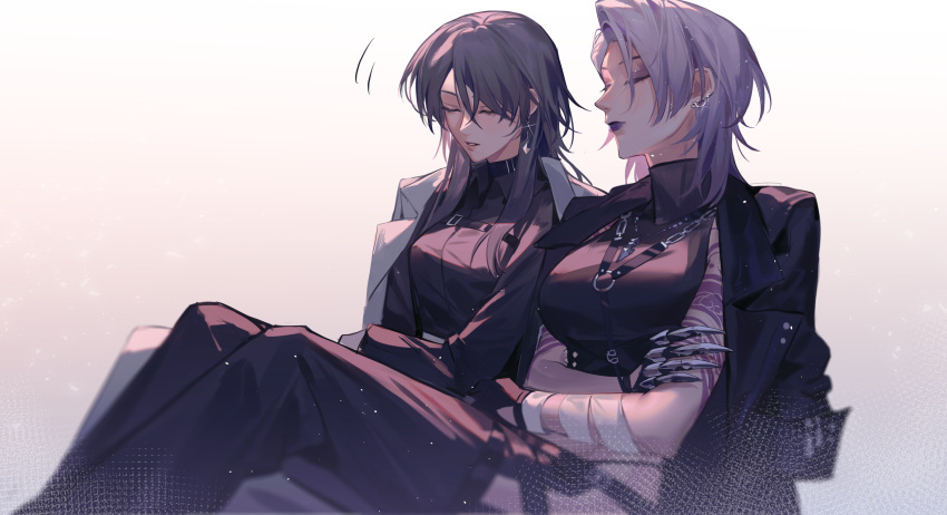 2girls, arm_tattoo, bandaged_arm, bandages, black_coat, black_hair, black_pants, black_shirt