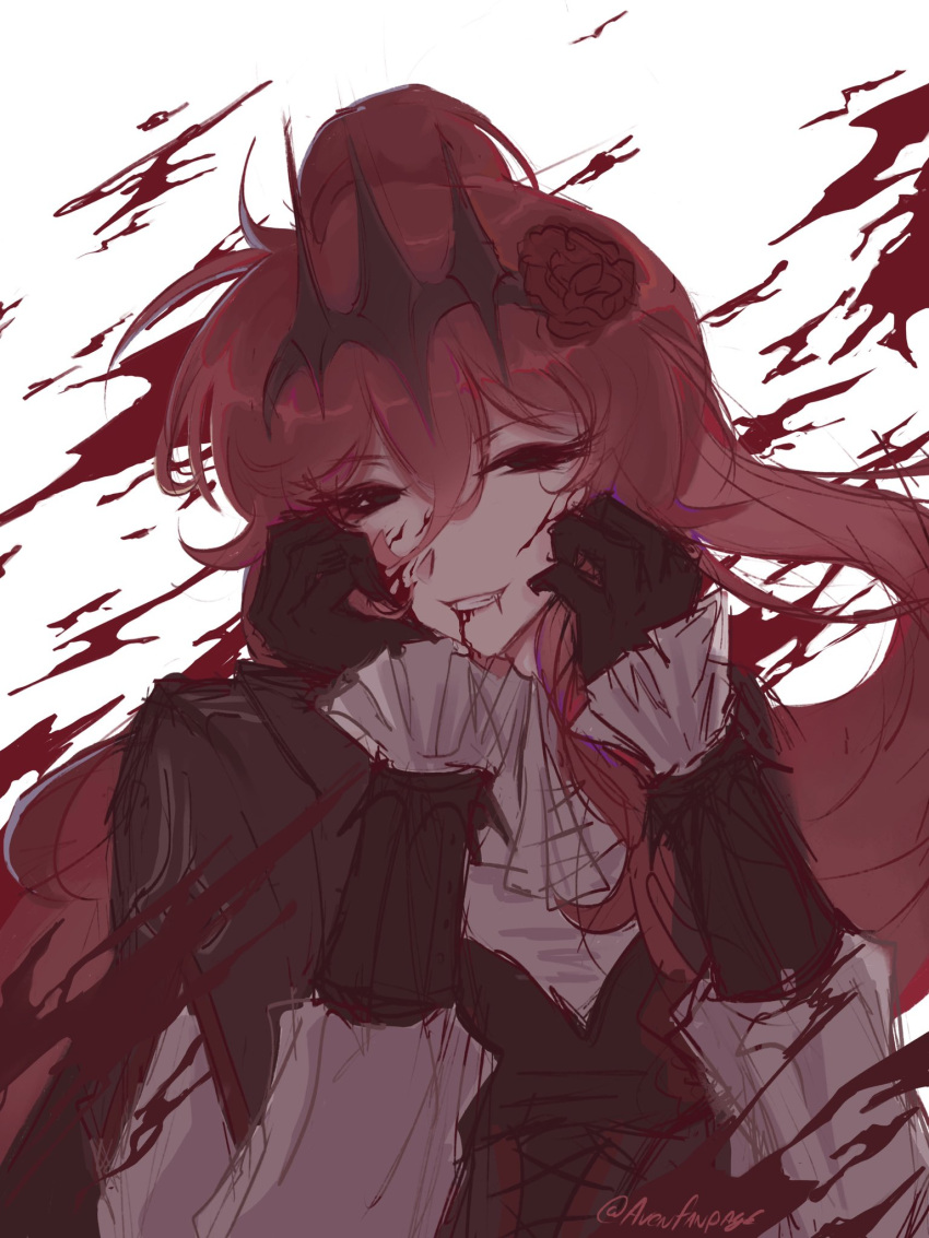 1girl, avenfanpage, black_corset, black_gloves, black_tiara, blood, blood_from_mouth, blood_on_face