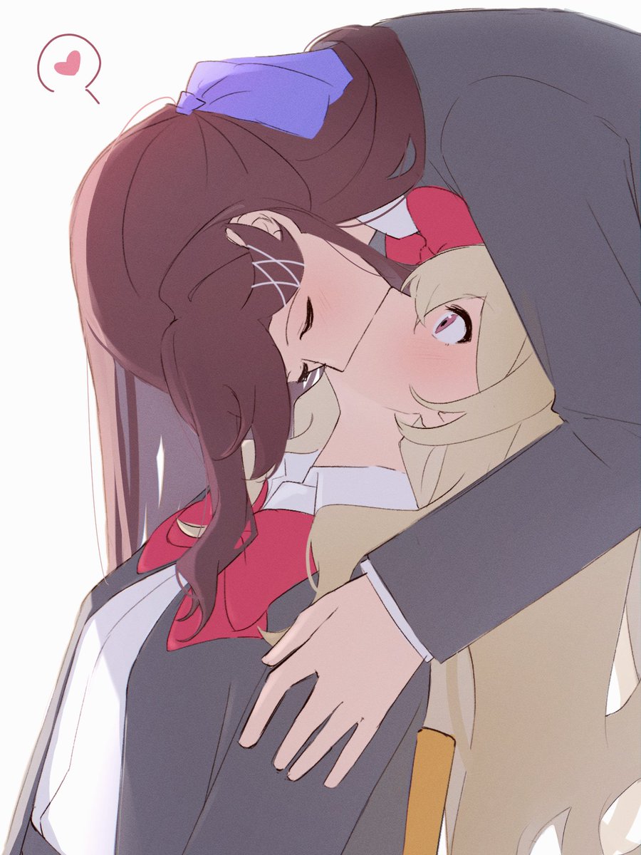 2girls, blonde_hair, blue_bow, bow, bowtie, brown_hair, closed_eyes, collared_shirt