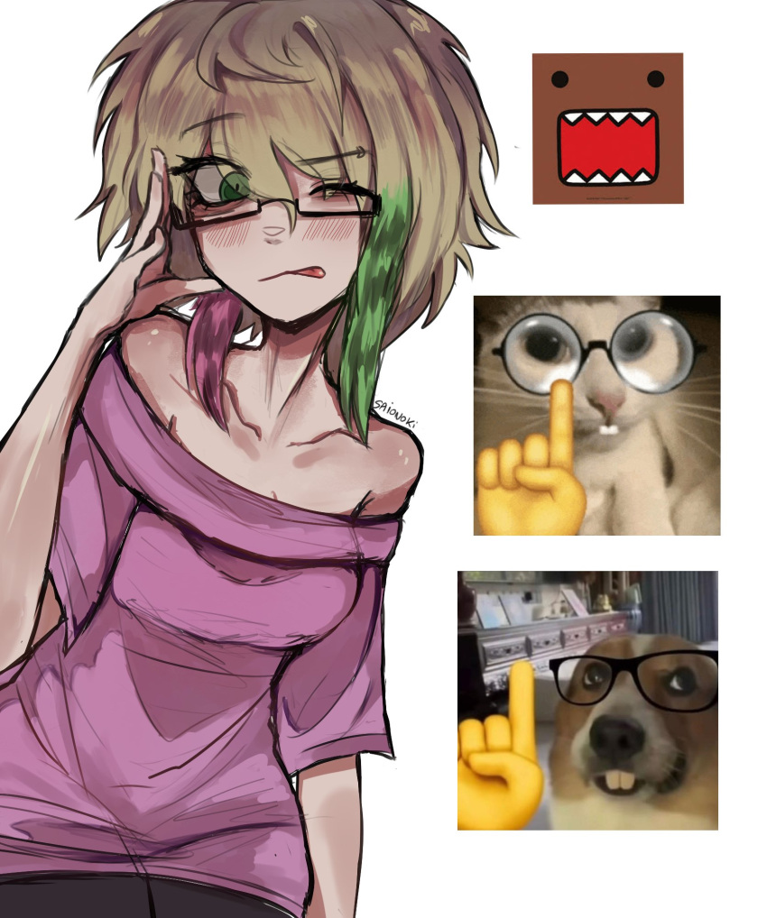 1girl, :p, ackchyually_(meme), artist_name, bare_shoulders, black_pants, blonde_hair, blush