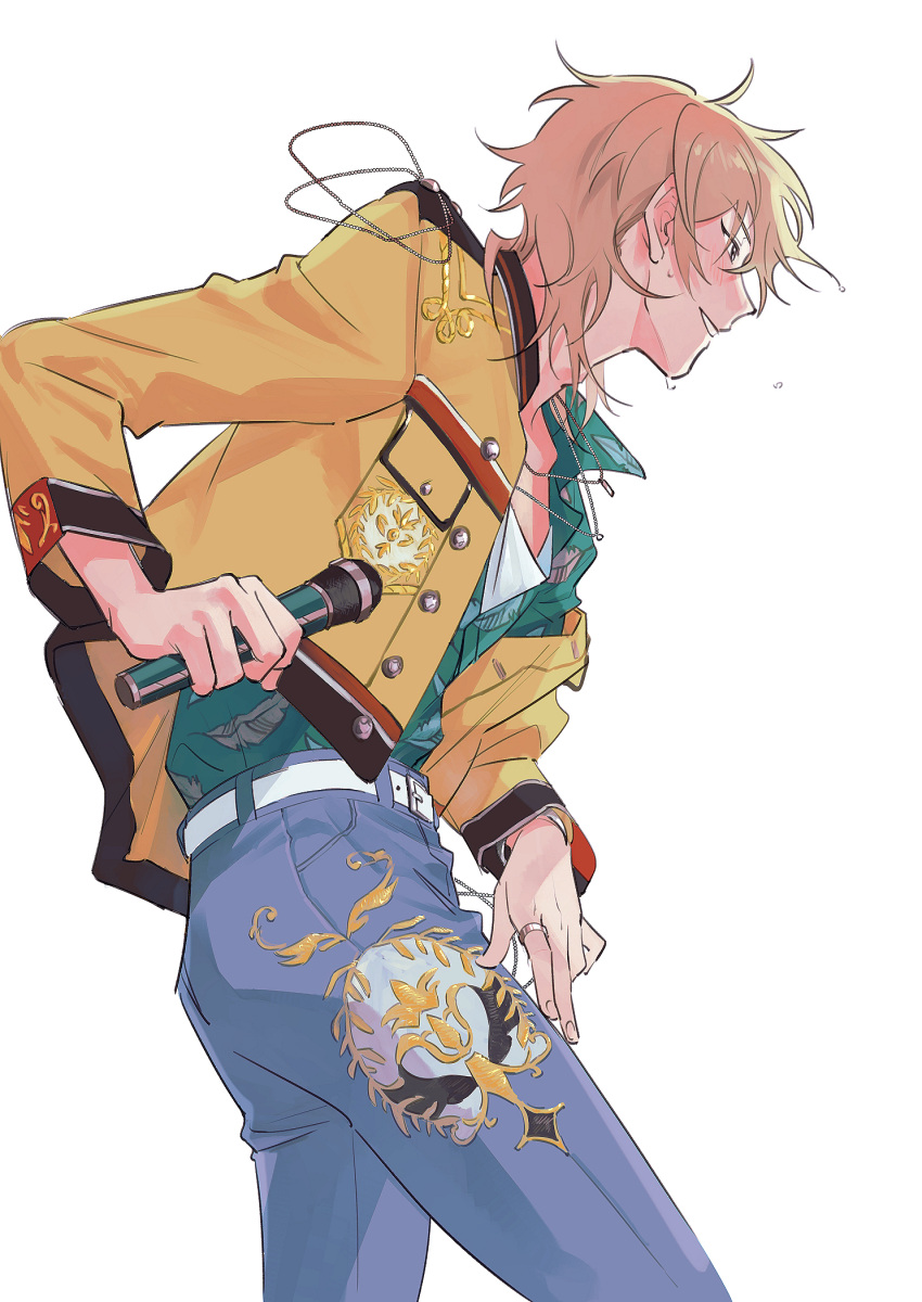 ass, belt, black_trim, blonde_hair, blush, breast_pocket, buttons, cowboy_shot