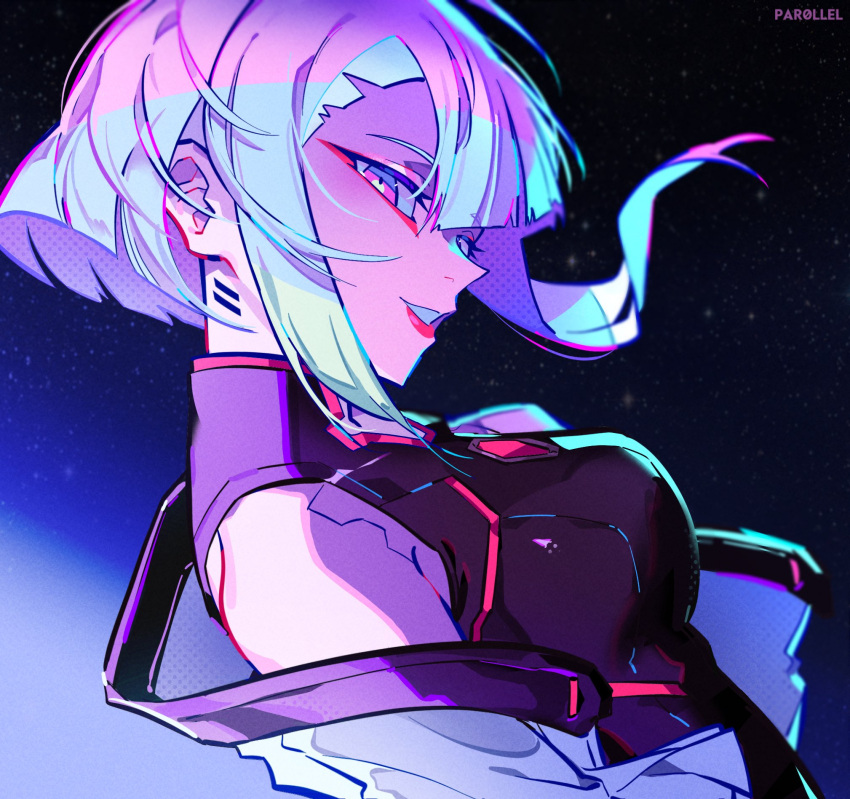 1girl, bare_shoulders, breasts, cyberpunk, cyberpunk_(series), cyberpunk_edgerunners, cyborg, eyeliner, highres, jacket, leotard, looking_at_viewer, lucy_(cyberpunk), makeup, multicolored_hair, off_shoulder, open_clothes, par0llel, red_eyeliner, red_lips, short_hair, smile, solo, white_hair