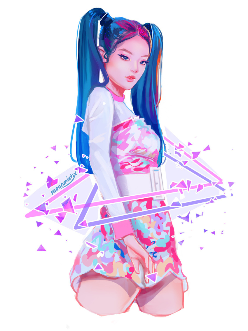 1girl, artist_name, belt, blackpink, blue_hair, cropped_legs, dress, english_commentary