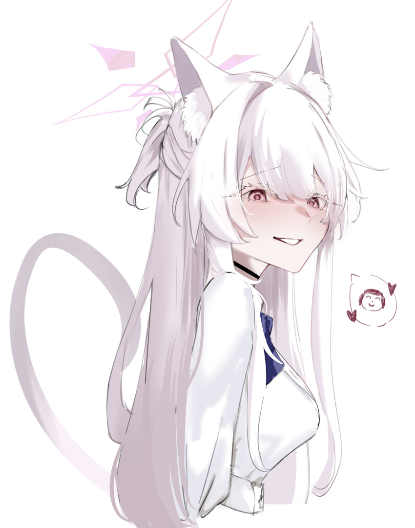 1girl, absurdres, akira_(blue_archive), animal_ear_fluff, animal_ears, black_choker, blue_archive, blue_bow, blue_bowtie, blush, bow, bowtie, breasts, cat_ears, cat_girl, cat_tail, choker, halo, heart, highres, long_hair, looking_at_viewer, red_eyes, shirt, showtime775, simple_background, smile, solo, spoken_heart, tail, upper_body, white_background, white_hair, white_shirt