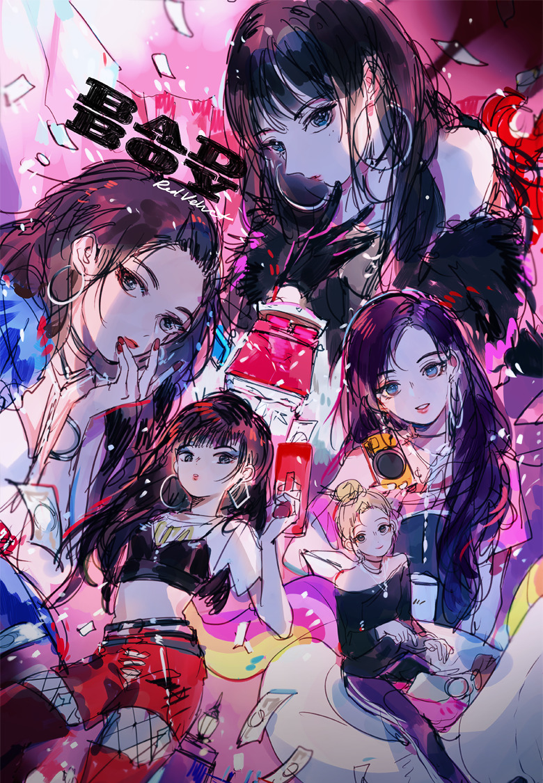 5girls, animification, black_gloves, black_hair, blue_eyes, blue_eyeshadow, blunt_bangs, bracelet