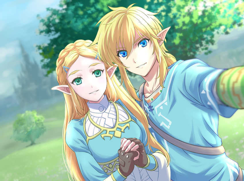 1boy, 1girl, absurdres, black_gloves, blonde_hair, blue_eyes, blue_tunic, blurry, blurry_background, braid, champion's_tunic_(zelda), commentary_request, crown_braid, dutch_angle, fingerless_gloves, gloves, green_eyes, hair_ornament, hairclip, highres, hyrule_castle, light_smile, link, long_hair, long_sleeves, looking_at_viewer, low_ponytail, medium_hair, own_hands_together, parted_lips, pointy_ears, princess_zelda, selfie, sidelocks, the_legend_of_zelda, the_legend_of_zelda:_breath_of_the_wild, tomo.puri, upper_body