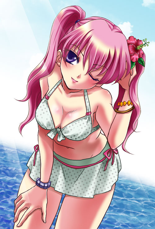 bikini_skirt, blush, bracelet, fire_emblem, fire_emblem:_rekka_no_ken, flower, hair_flower, hair_ornament