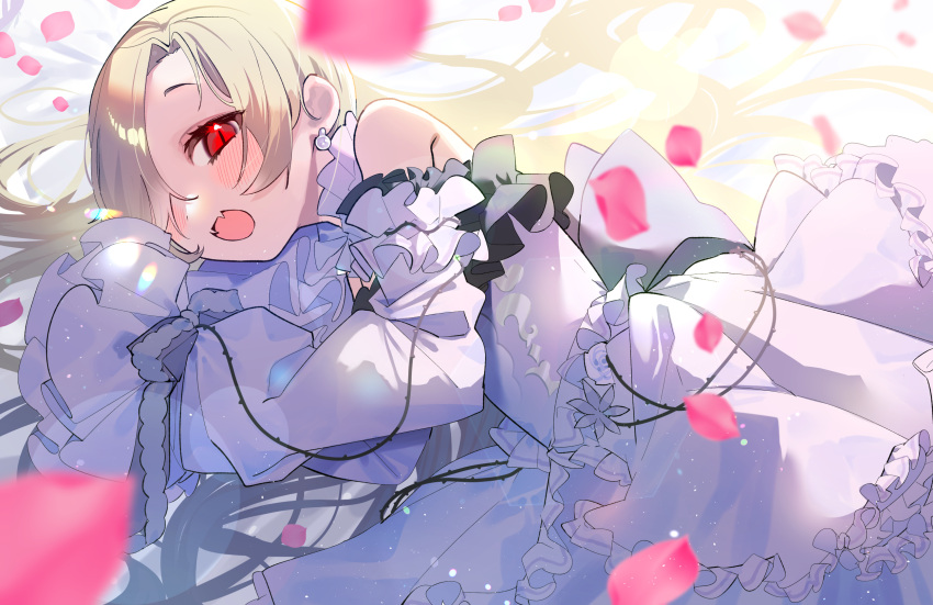 1girl, bare_shoulders, blonde_hair, blush, dress, earrings, fangs, hair_over_one_eye