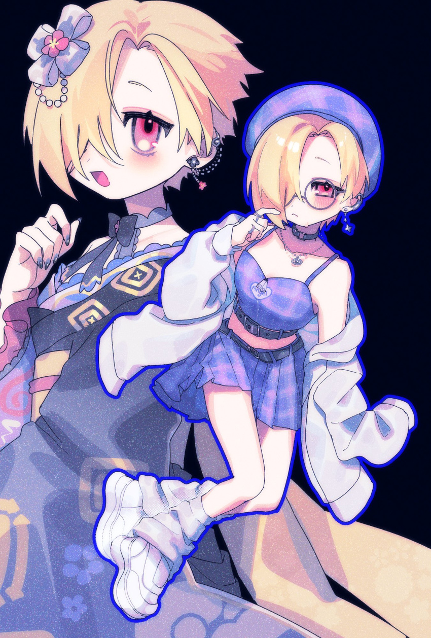1girl, blonde_hair, blush, camisole, choker, earrings, expressionless, flat_chest