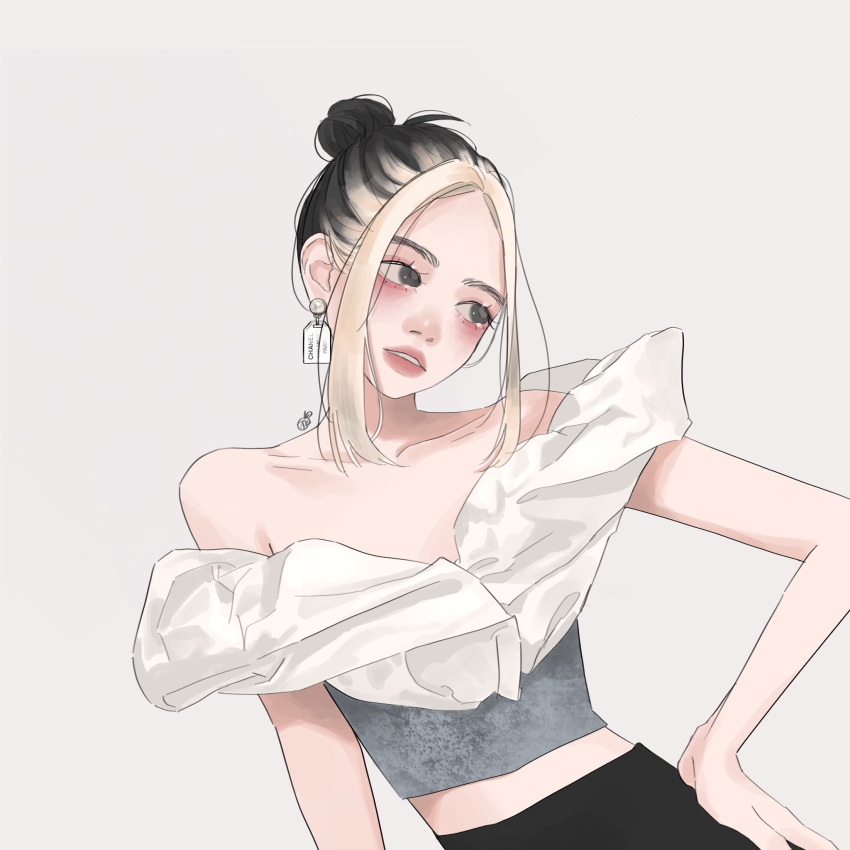 1girl, bare_shoulders, black_hair, blackpink, blonde_hair, commentary, earrings, eyeshadow, hair_bun, hand_on_own_hip, highres, jennie_(blackpink), jewelry, k-pop, looking_to_the_side, makeup, multicolored_hair, parted_lips, pink_lips, real_life, saguamarket, sidelocks, signature, simple_background, solo, symbol-only_commentary, two-tone_hair, upper_body, white_background