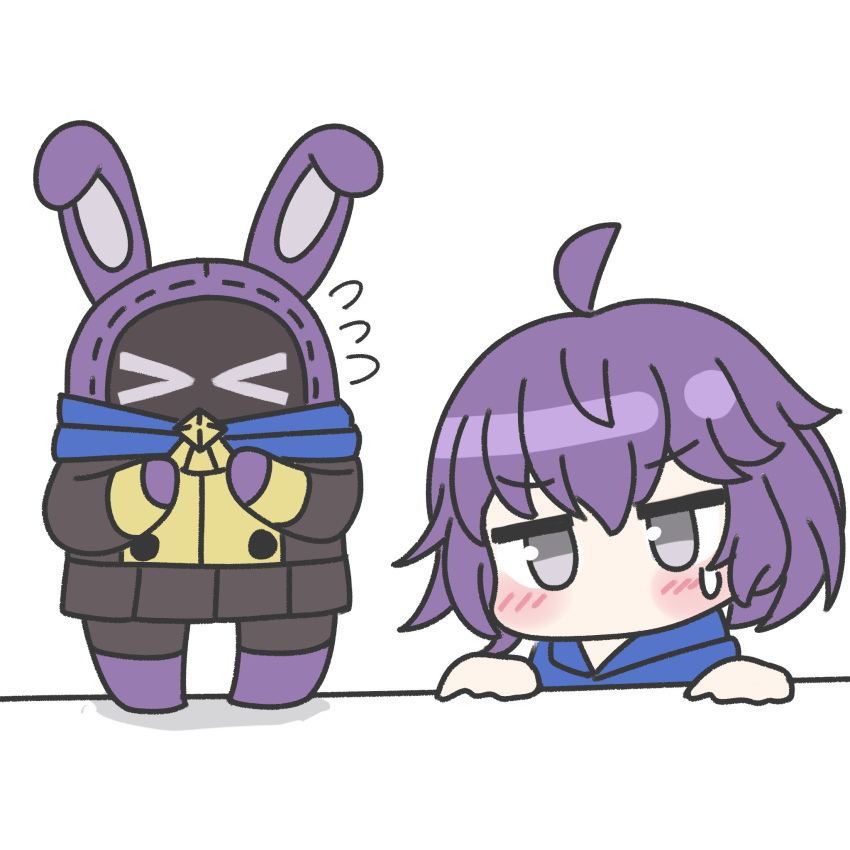 >_<, 1girl, ahoge, bangboo_(zenless_zone_zero), bernadetta_von_varley, blush, fire_emblem, fire_emblem:_three_houses