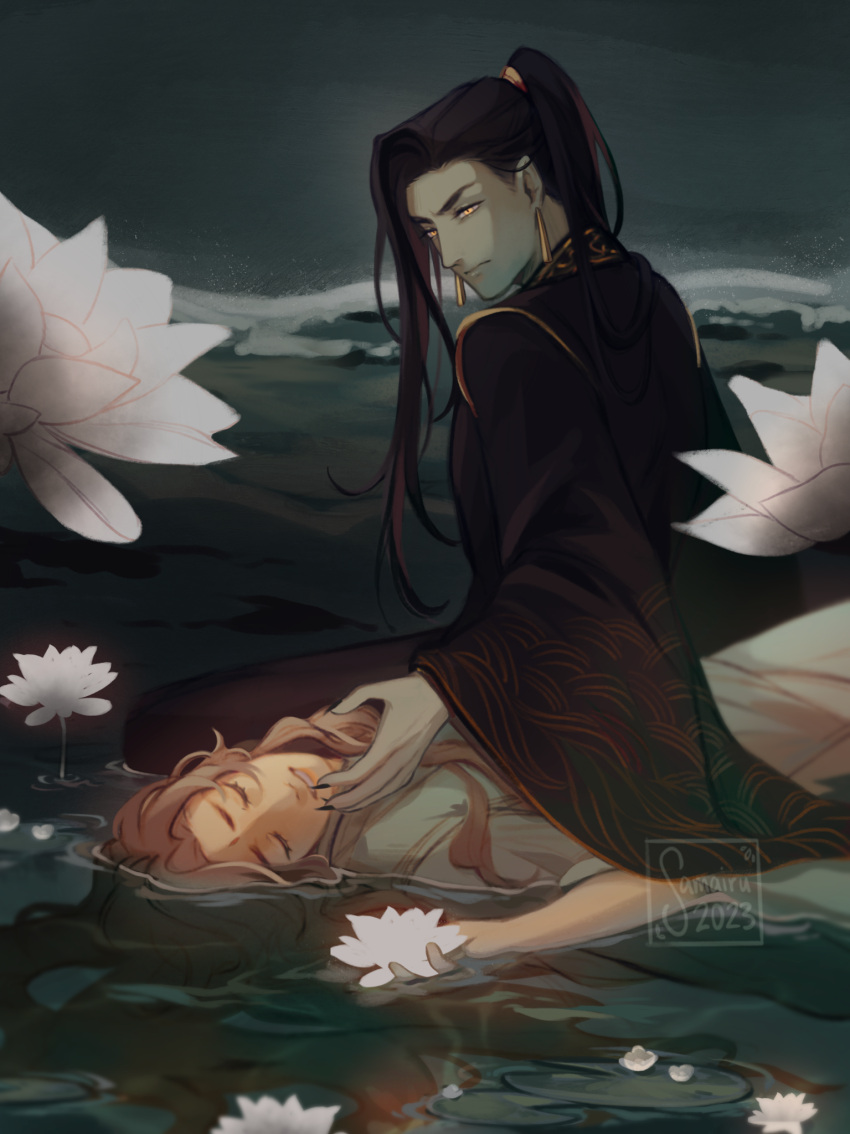 1boy, 1girl, black_hair, black_hanfu, black_nails, brown_hair, chinese_clothes, closed_eyes