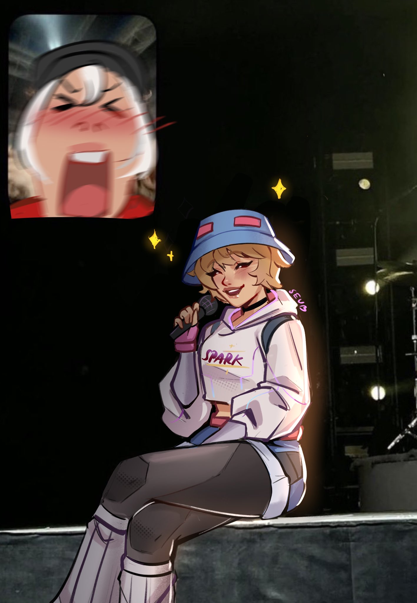 >_<, 2girls, ^_^, apex_legends, baseball_cap, black_hat, black_pantyhose, blonde_hair, blue_hair, blue_shorts, blush, closed_eyes, crossed_legs, english_commentary, fan_screaming_at_madison_beer_(meme), fingerless_gloves, gloves, grey_leg_warmers, hat, highres, holding, holding_microphone, hood, hood_down, hoodie, inset, jacket, leg_warmers, meme, microphone, multiple_girls, official_alternate_costume, open_mouth, pantyhose, pink_gloves, red_jacket, sevpha, short_hair, shorts, sparkle, static_trainers_wattson, street_smart_wraith, streetwear, wattson_(apex_legends), white_hair, white_hoodie, wraith_(apex_legends)
