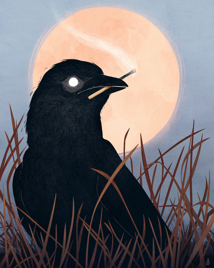 animal, animal_focus, autumn, bird, black_bird, black_feathers, blank_eyes, blue_sky