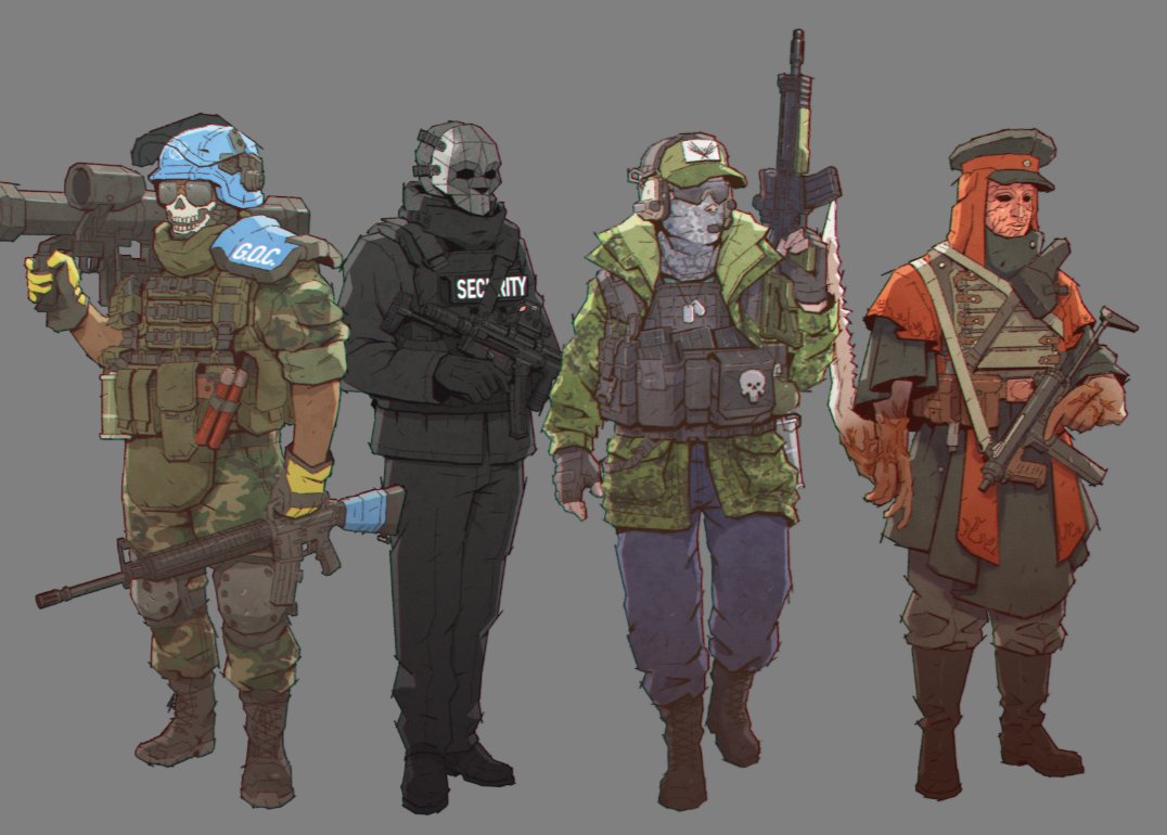 4boys, arm_blade, armor, baseball_cap, black_footwear, black_gloves, black_jacket, blue_pants