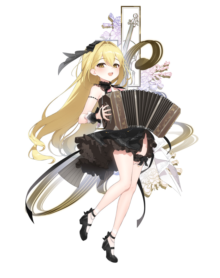 1girl, :d, accordion, ankle_bow, ankle_socks, arm_garter, bare_shoulders, black_arm_garter