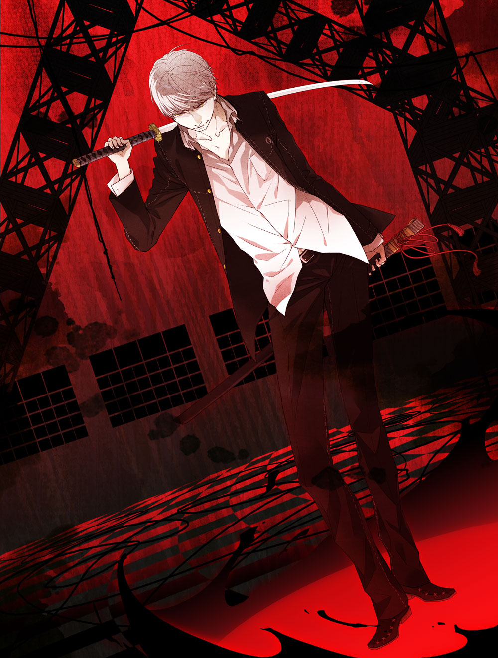 checkered_floor, highres, kagami_ei, katana, narukami_yuu, persona, persona_4, red
