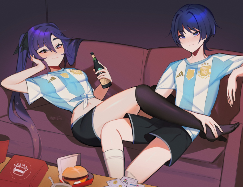 1boy, 1girl, absurdres, argentinian_flag, argentinian_flag_print, asociacion_de_futbol_argentina, black_hair, black_shorts