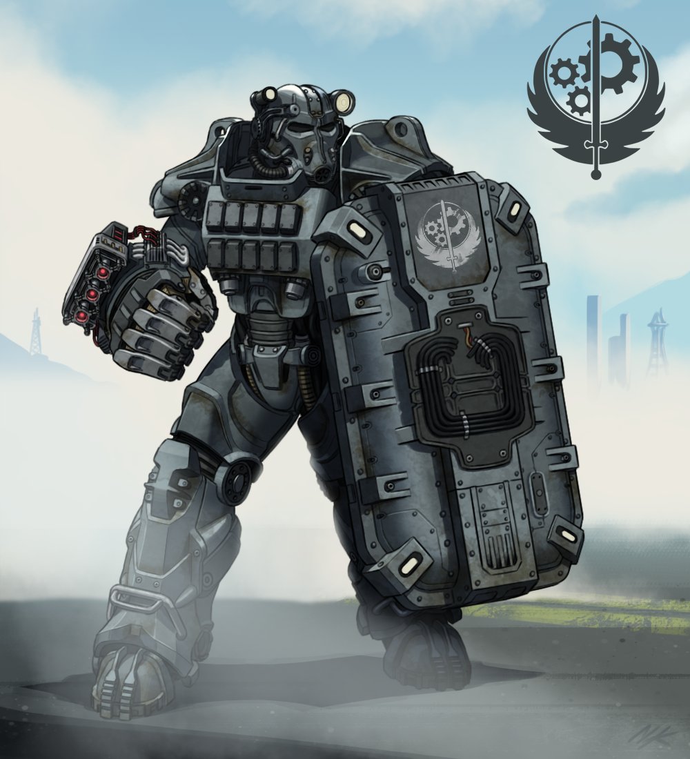 1other, armor, blue_sky, brotherhood_of_steel, clouds, cloudy_sky, commentary, day, english_commentary, facing_viewer, fallout_(series), fallout_4, full_body, logo, outdoors, power_armor, power_armor_(fallout), power_fist, shield, sky, solo, standing, thegraffitisoul