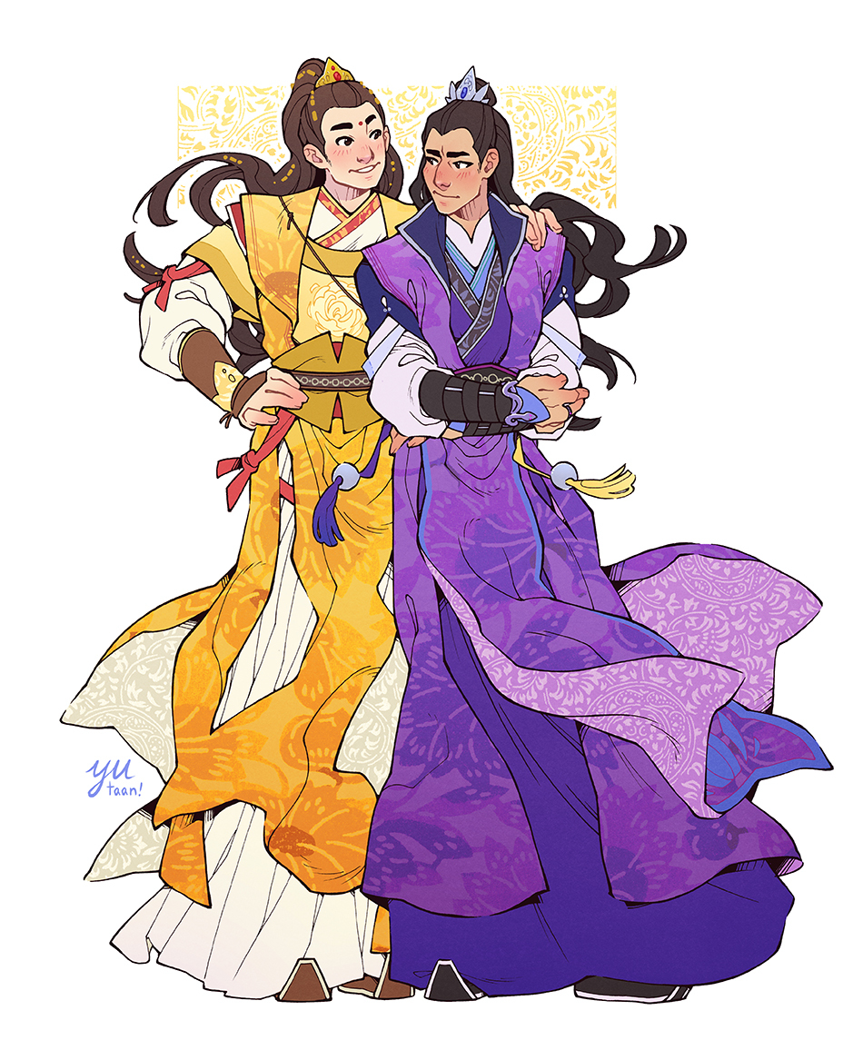 2boys, arm_on_another's_shoulder, artist_name, belt, black_eyes, black_hair, bracelet, bracer, brown_hair, chinese_clothes, color_contrast, commentary, commission, english_commentary, family, flat_color, floral_background, floral_print, full_body, hand_on_own_hip, hanfu, jewelry, jiang_cheng, jin_ling, layered_clothes, layered_sleeves, long_hair, long_sleeves, looking_at_another, male_focus, modao_zushi, multiple_boys, patterned_background, ponytail, print_robe, purple_hanfu, smile, snake_bracelet, standing, tassel, uncle_and_nephew, white_background, xiao_guan_(headdress), yellow_hanfu, yutaan