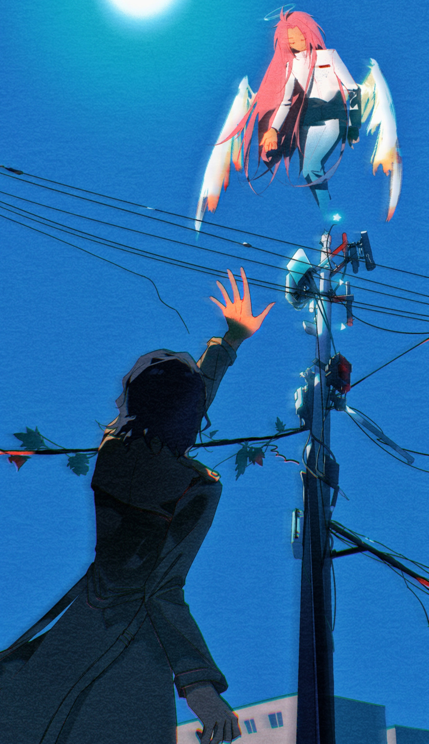 2boys, absurdres, arm_up, black_coat, black_hair, blue_sky, chinese_commentary, closed_eyes