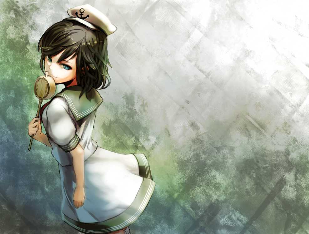 black_hair, blue_eyes, chirigami-san, from_above, hat, hishaku, ladle, murasa_minamitsu