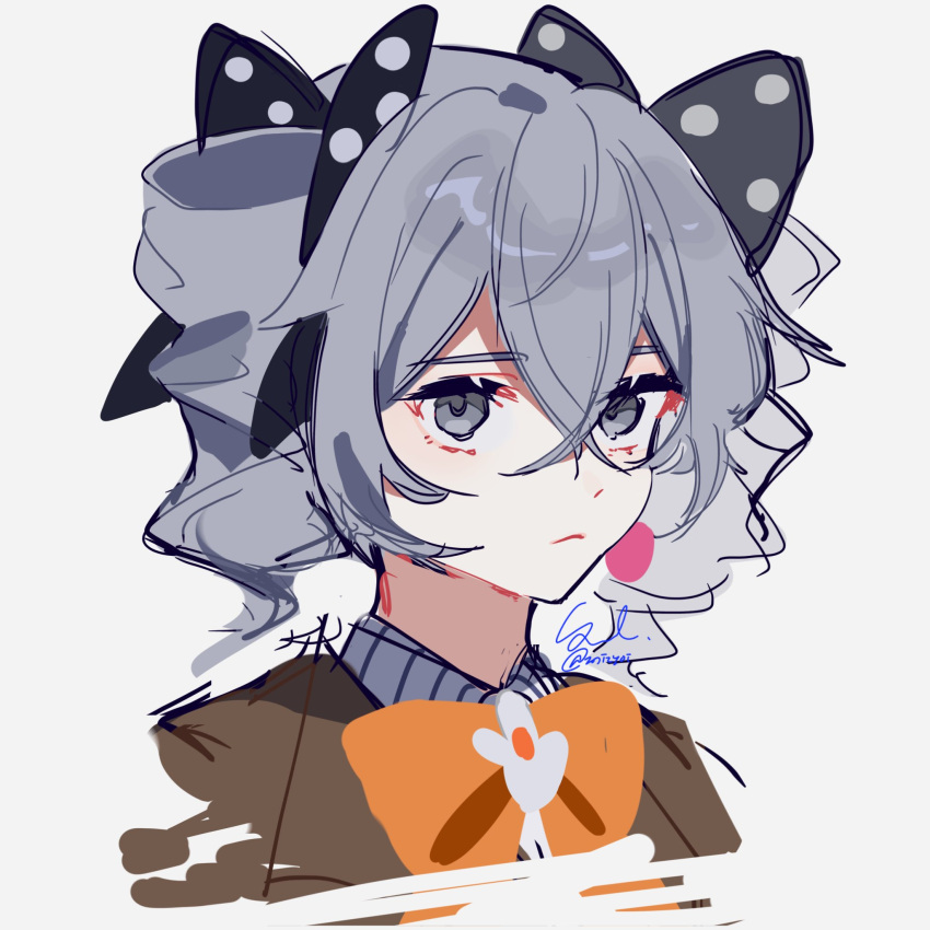 1girl, black_bow, bow, bronya_zaychik, bronya_zaychik_(wolf's_dawn), brown_jacket, closed_mouth, collared_shirt