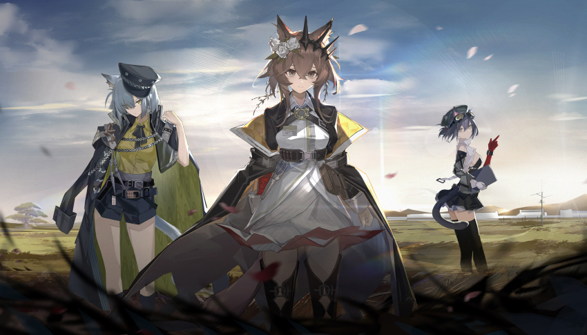 3girls, animal_ears, arknights, ascot, black_ascot, black_coat, black_hat, black_shorts