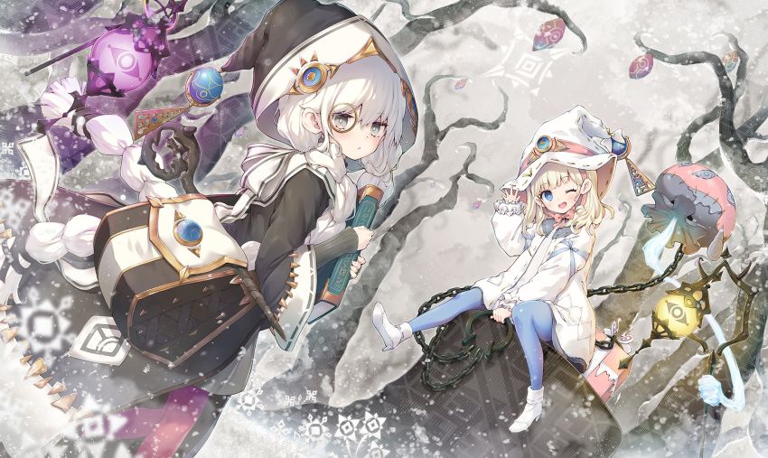 2girls, astellar_of_the_white_forest, bag, blonde_hair, blue_eyes, book, braid, coat