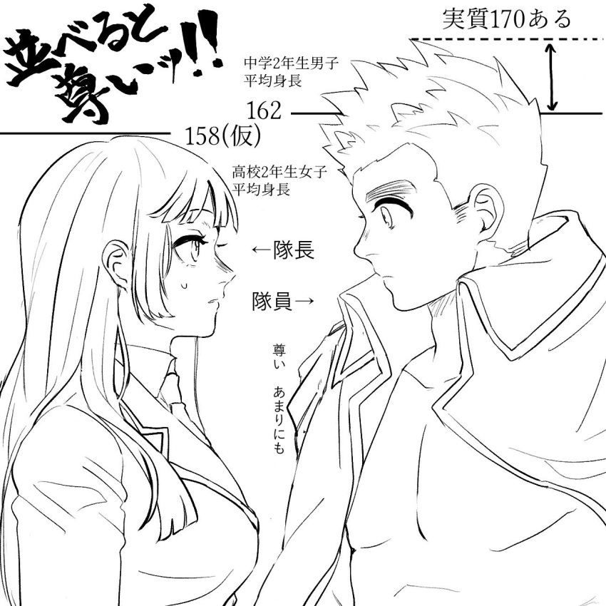 1boy, 1girl, blunt_bangs, blunt_ends, breasts, coat, collared_coat, collared_shirt
