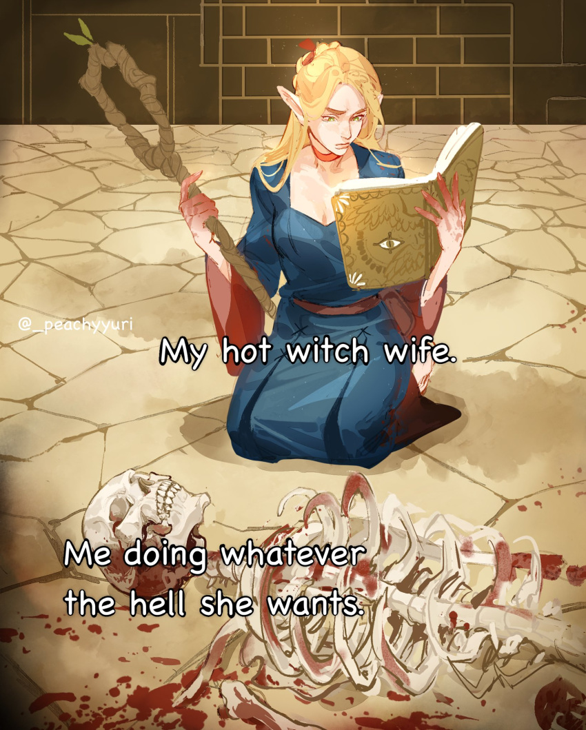 1girl, ambrosia_(dungeon_meshi), belt, belt_pouch, blonde_hair, blood, blood_on_clothes, blood_on_hands, blue_flower, blue_rose, book, brick, brick_wall, choker, dungeon_meshi, english_text, falin_touden, falin_touden_(tallman), flower, highres, long_hair, marcille_donato, peachyyuri, pouch, red_choker, rose, skeleton, staff, twitter_username