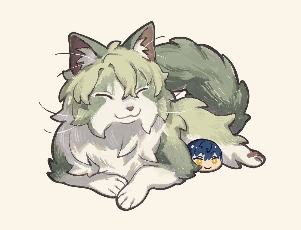 :3, animal, animal_focus, animalization, cat, closed_eyes, closed_mouth, commentary, crossed_bangs, double-parted_bangs, ensemble_stars!, full_body, green_fur, green_hair, hair_between_eyes, happy, lying, merchandise, no_humans, norwegian_forest_cat, on_stomach, own_hands_together, sazanami_jun, short_hair, simple_background, smile, solo, thick_tail, tomoe_hiyori, tripleomurice, two-tone_fur, white_background, white_fur