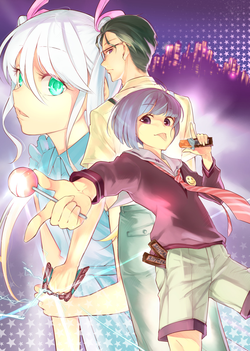 1girl, 2boys, :p, absurdres, black_hair, blue_dress, candy, chocolate
