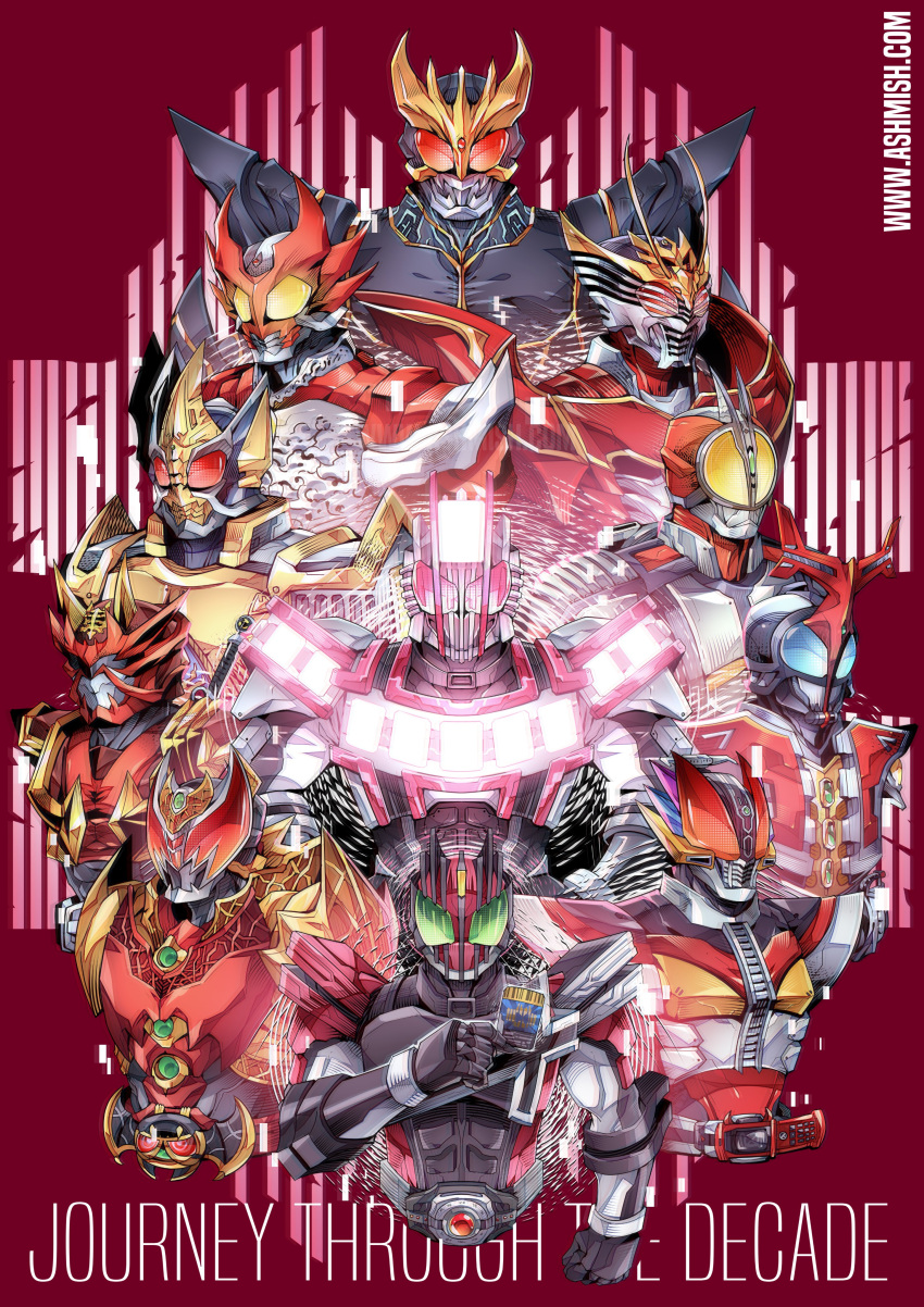6+boys, absurdres, armor, ashmish, card, decadriver, helmet, highres, holding, holding_card, kamen_rider, kamen_rider_555, kamen_rider_agito_(series), kamen_rider_agito_(shining_form), kamen_rider_blade_(king_form), kamen_rider_blade_(series), kamen_rider_dcd, kamen_rider_decade, kamen_rider_decade_complete_form, kamen_rider_den-o, kamen_rider_den-o_(series), kamen_rider_faiz, kamen_rider_hibiki, kamen_rider_hibiki_(series), kamen_rider_kabuto, kamen_rider_kabuto_(series), kamen_rider_kiva, kamen_rider_kiva_(series), kamen_rider_kuuga_(series), kamen_rider_kuuga_(ultimate_form), kamen_rider_ryuki_(series), kamen_rider_ryuki_survive, male_focus, multiple_boys, power_armor, red_background, rider_belt, song_name, upper_body