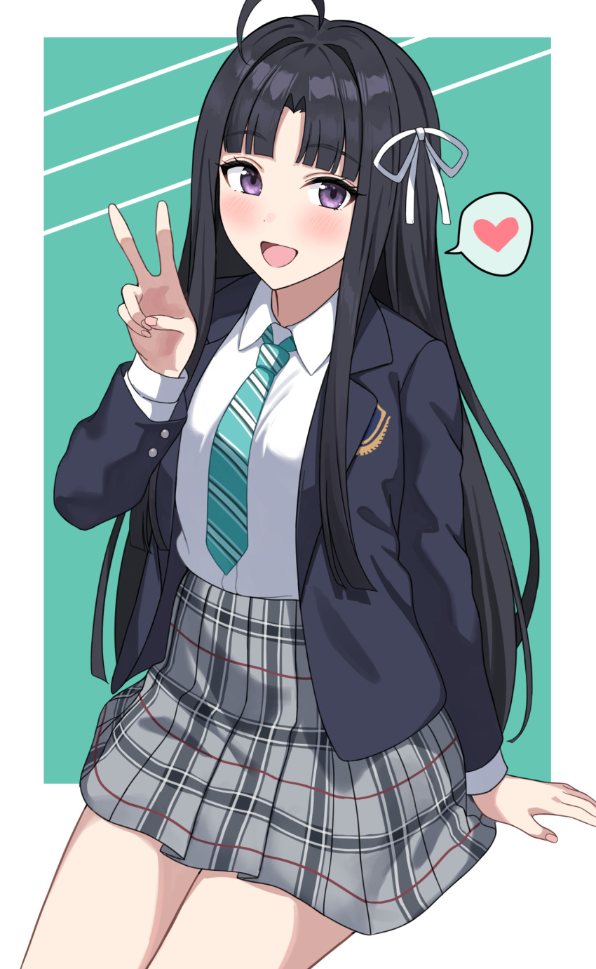 1girl, :d, ahoge, aqua_necktie, arm_at_side, awa_subaru, black_hair, black_jacket