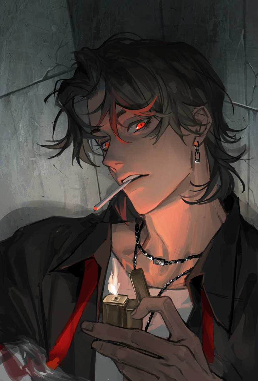 1boy, absurdres, against_wall, black_hair, black_shirt, cigarette, collared_shirt, dangle_earrings