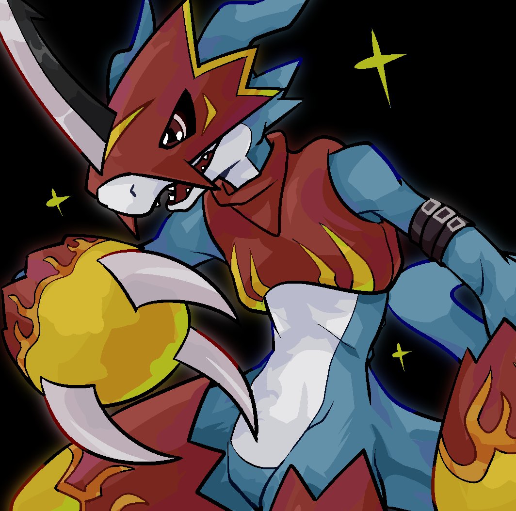 armor, bakamaokun, black_background, blue_skin, close-up, colored_skin, digimon, digimon_(creature)