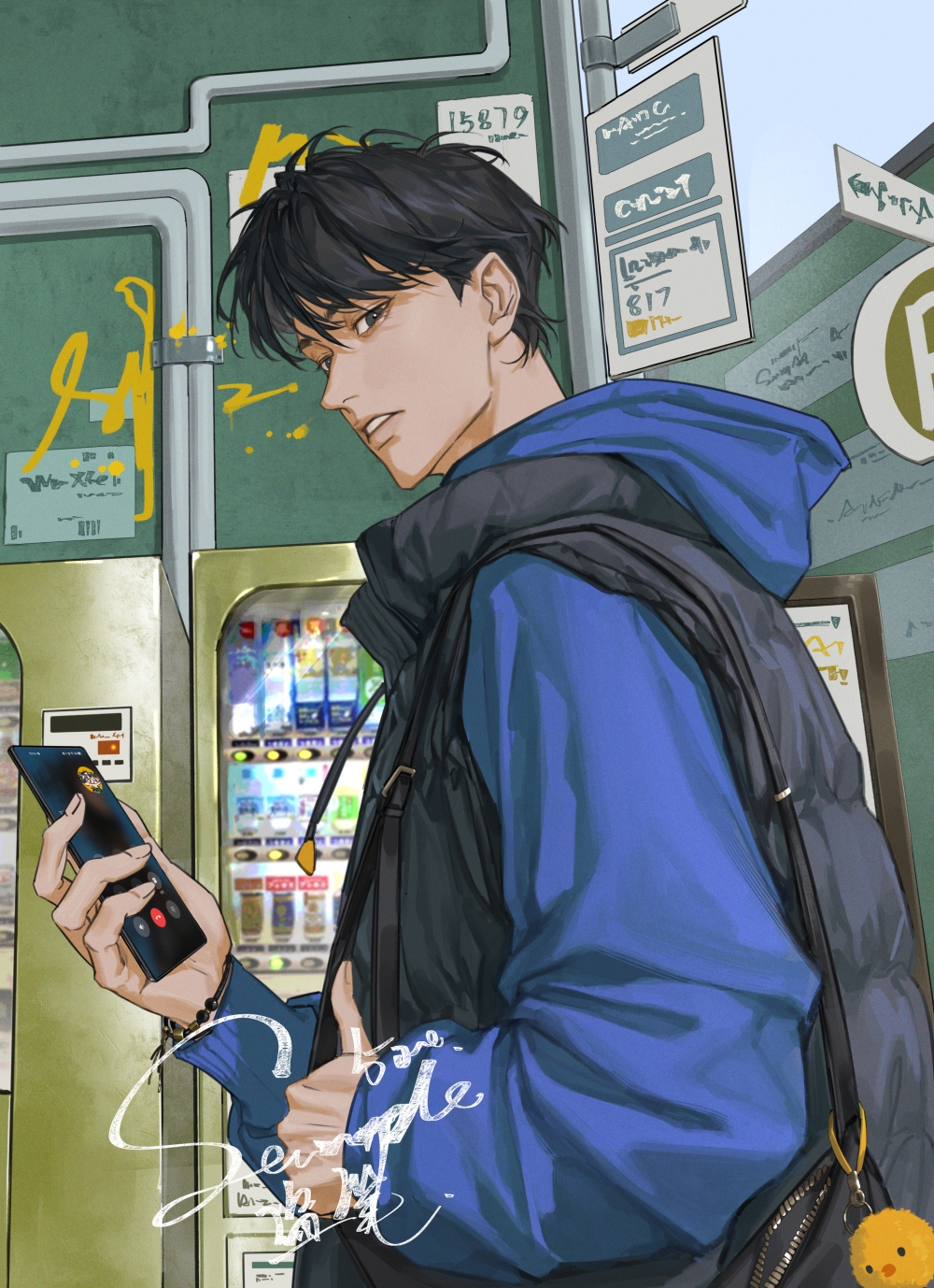 1boy, bag, bag_charm, black_eyes, black_hair, blue_hoodie, character_request, charm_(object)
